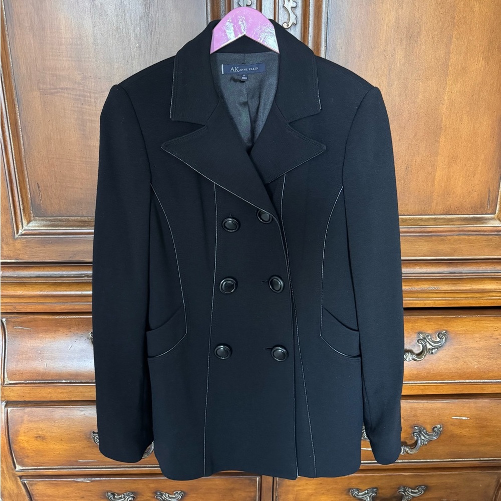 Anne Klein Women's Elegant Black Wool/Spandex Blazer/Jacket w/faux leather trim